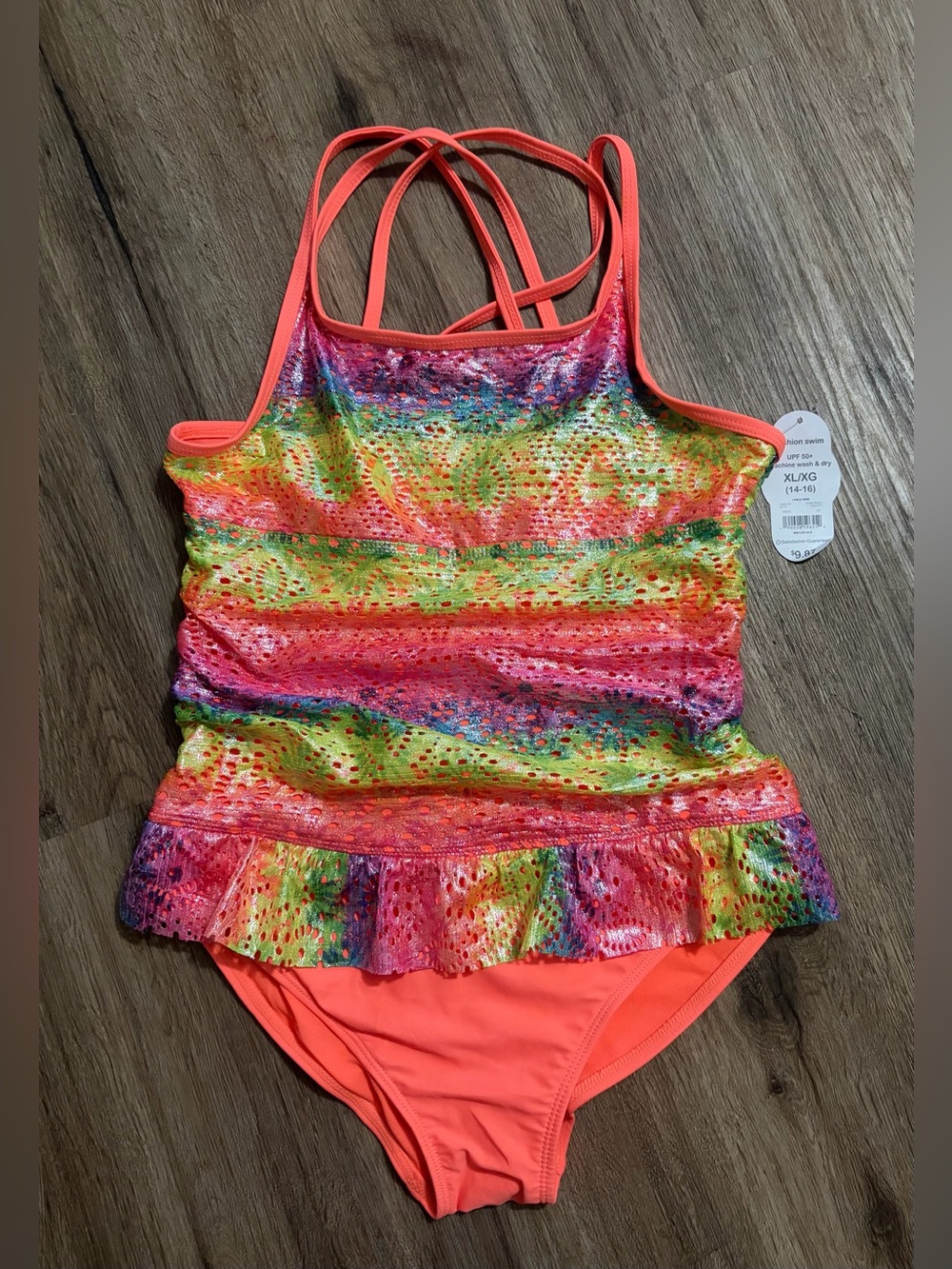 Wonder Nation - Coral Swimsuit with Multicolor Overlay/Ruffle - Size XLG/14-16